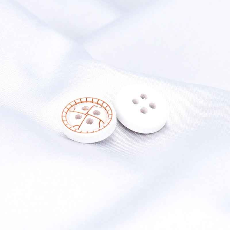 Round 4-hole painted wood button, white with brown stitch-style design