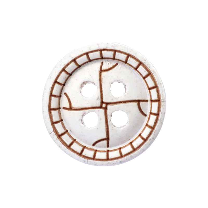 11.5mm round 4-hole painted wood button, white with brown stitch-style pattern