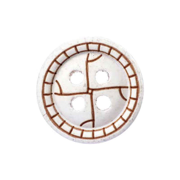 11.5mm round 4-hole painted wood button, white with brown stitch-style pattern