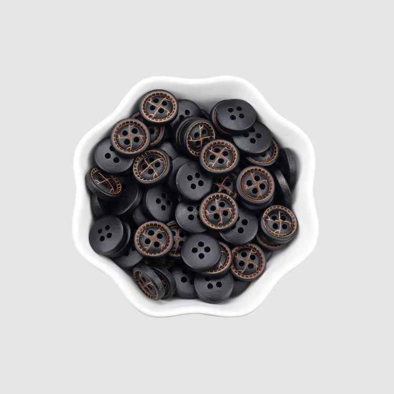Assorted round 4-hole painted wood buttons in tray, dark/black with brown accents
