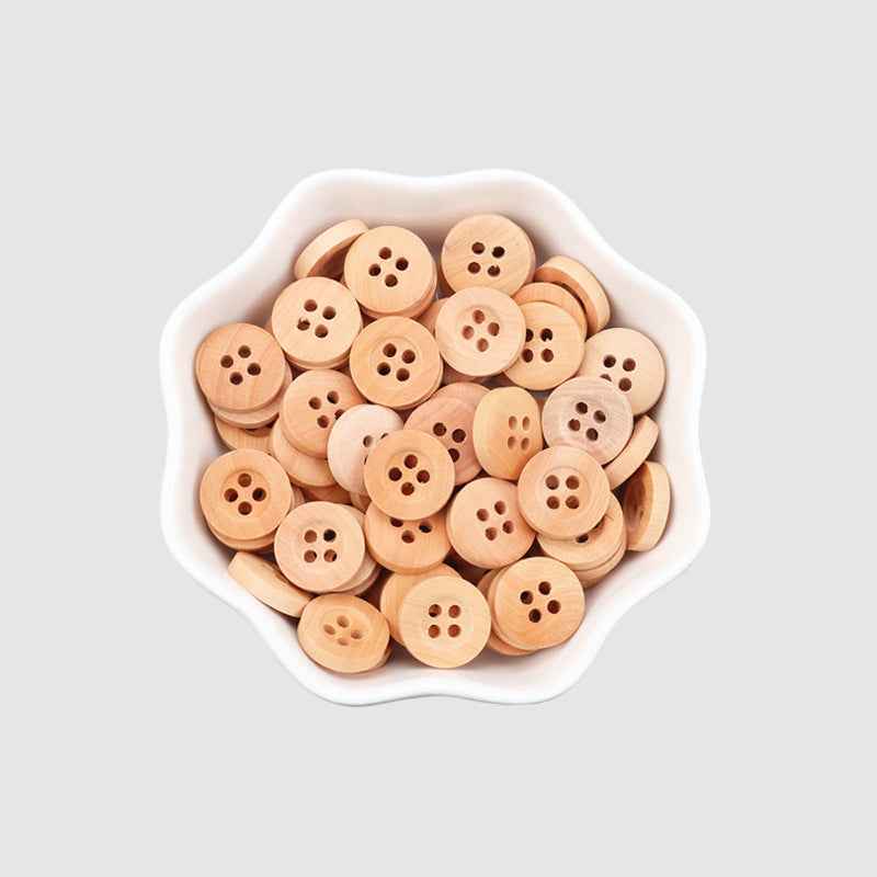 Assorted pack of natural poplar wood round 4-hole buttons, many pieces