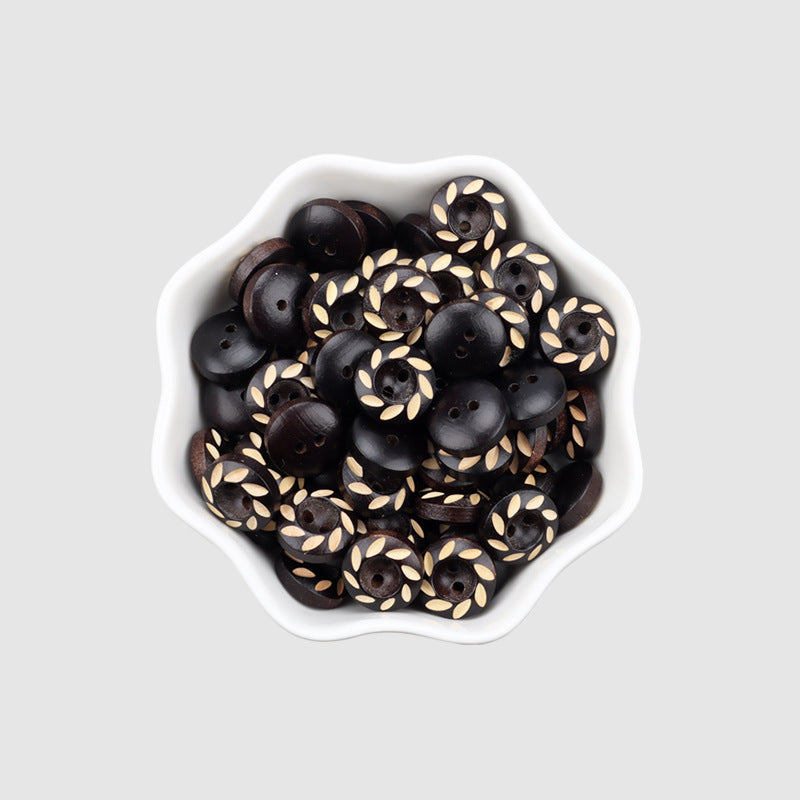 40pcs round 2-hole dark brown/black wood buttons with light leaf carved accents