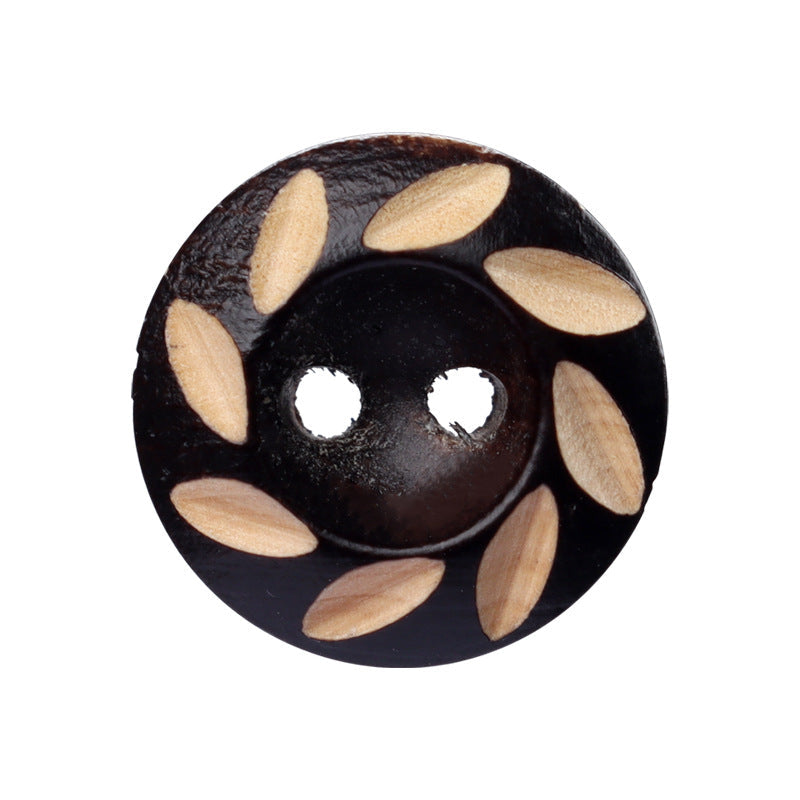 11.5mm round wood buttons, dark brown/black with light leaf inlay, two holes, 1 pc