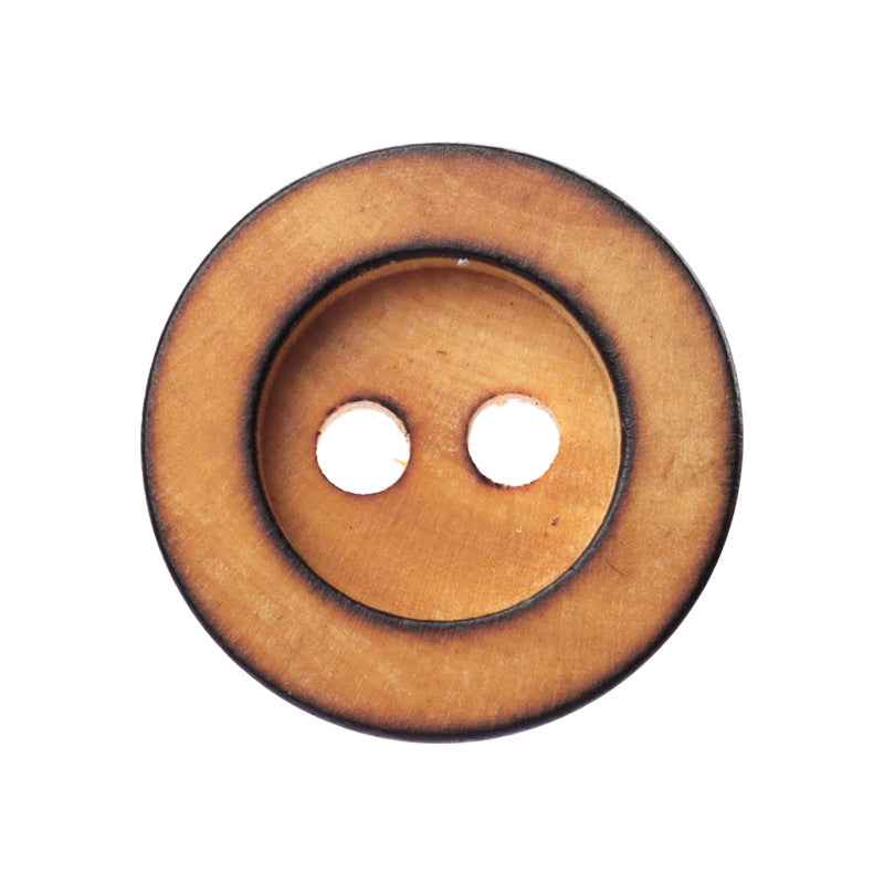 11.5mm round poplar wood button, 2 holes, dark tan-brown front view