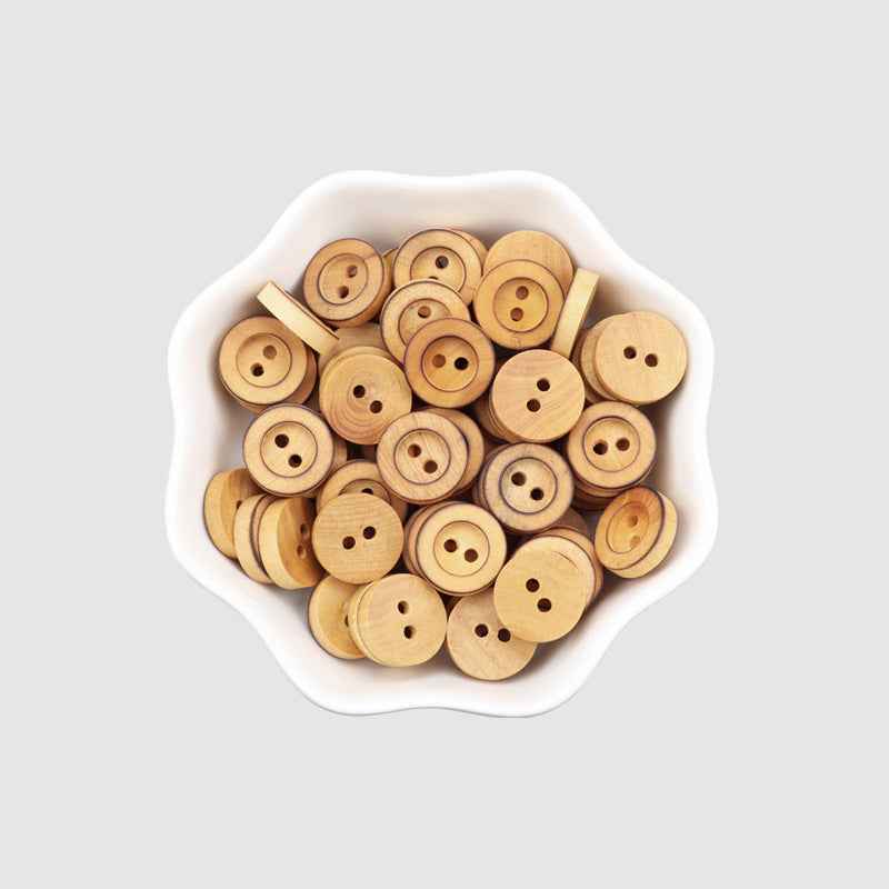 60pcs round poplar wood buttons, tan shades, 2-hole designs in a tray