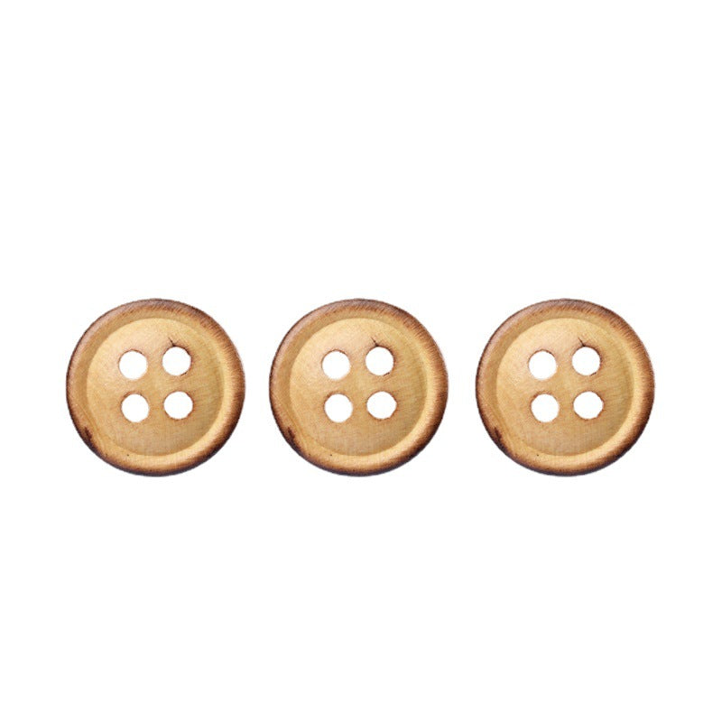 Set of round 11.5mm poplar wood buttons, four holes each, fire-burned edges