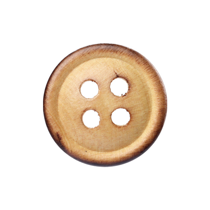 11.5mm round poplar wood button with four-hole design and fire-burned edges