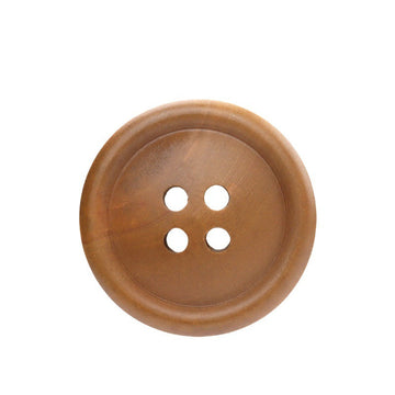 Round 4-hole poplar wood button, dyed finish, natural brown front view.