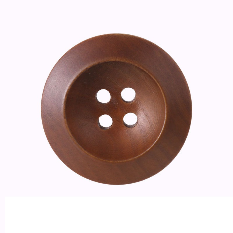 Round wood coat button, dark coffee brown, 4 white-hole front