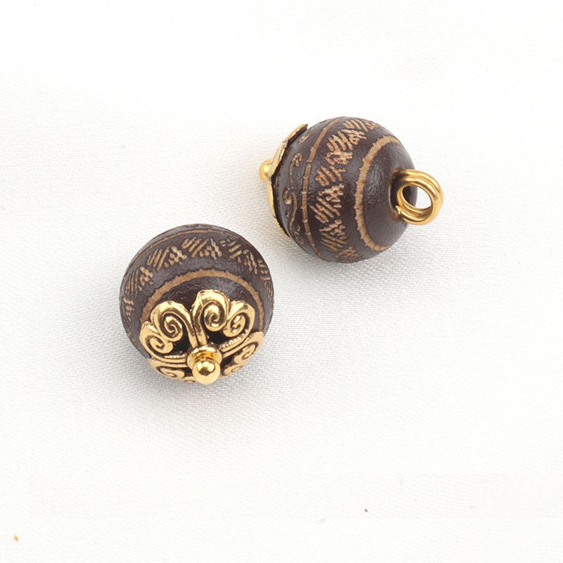 Coffee brown 10mm carved wood bead button with metal shank loop, pair view (20 pcs)