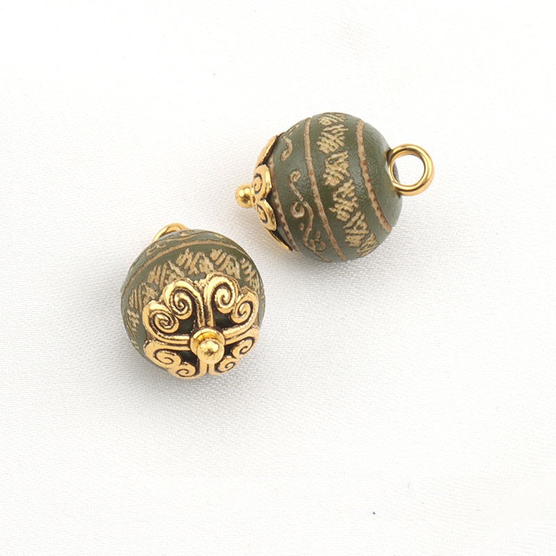 Dark green 10mm carved wood bead button with metal shank loop, pair view (20 pcs)