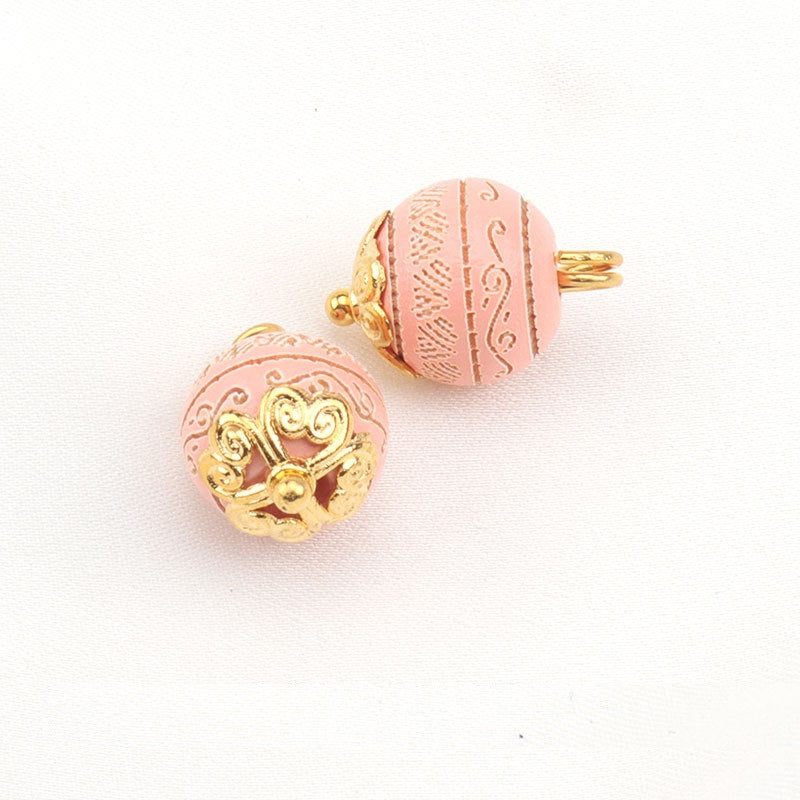 Pink 10mm carved wood bead button with metal shank loop, pair view (20 pcs)