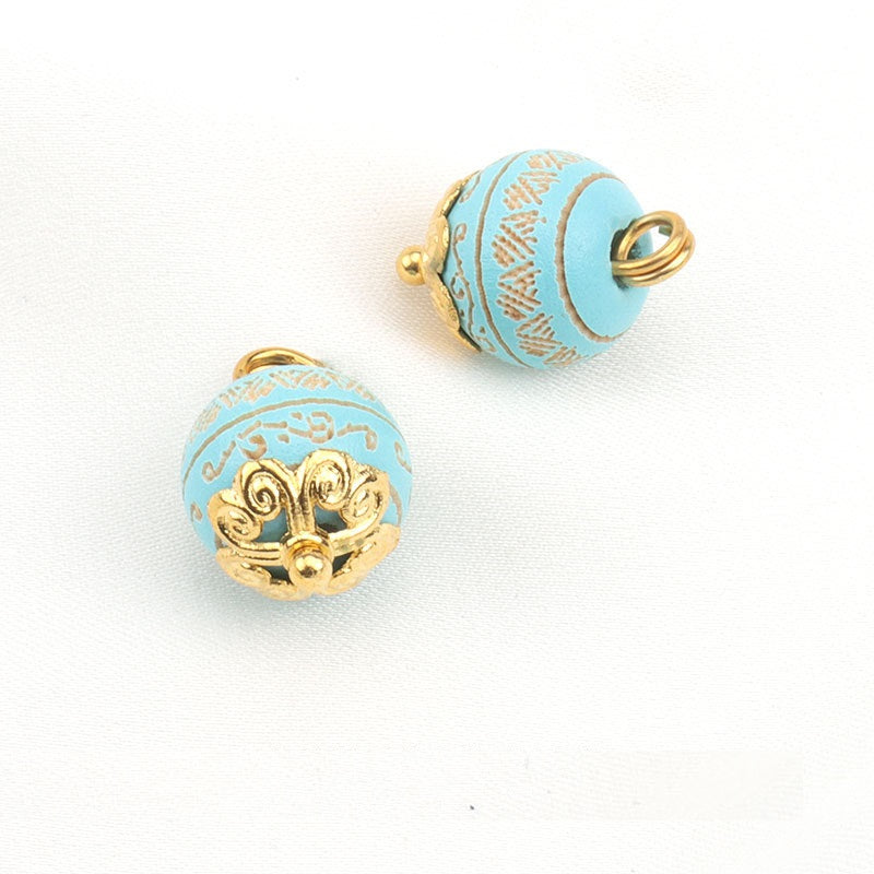 Sky blue 10mm carved wood bead button with metal shank loop, pair view (20 pcs)