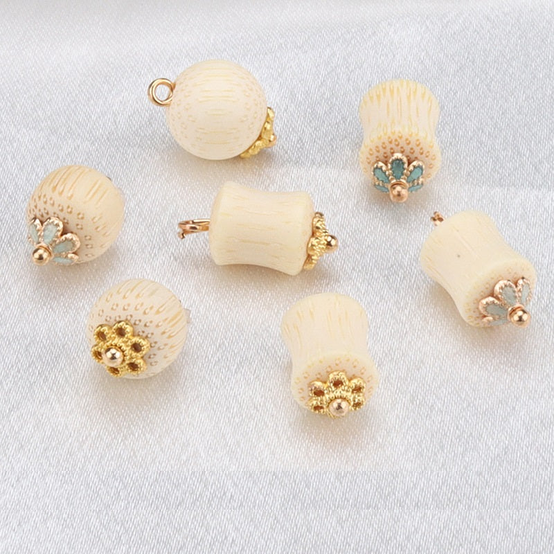 Bamboo frog knot buttons set, cream rounds with gold backs and small teal/green stone details