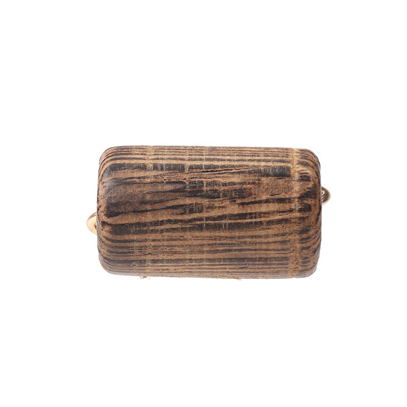 Wooden cylindrical buttons 22x13mm, gold-toned loops, striped wood grain texture