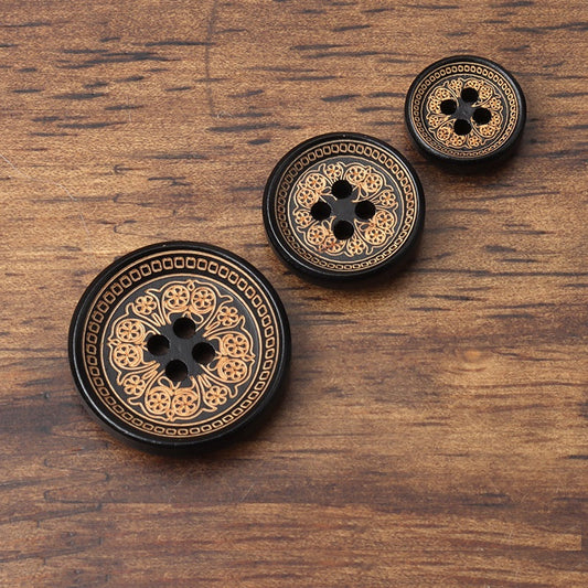 12/15/21mm Vintage Round 4-Hole Black Painted Laser-Carved Flower Wood Buttons