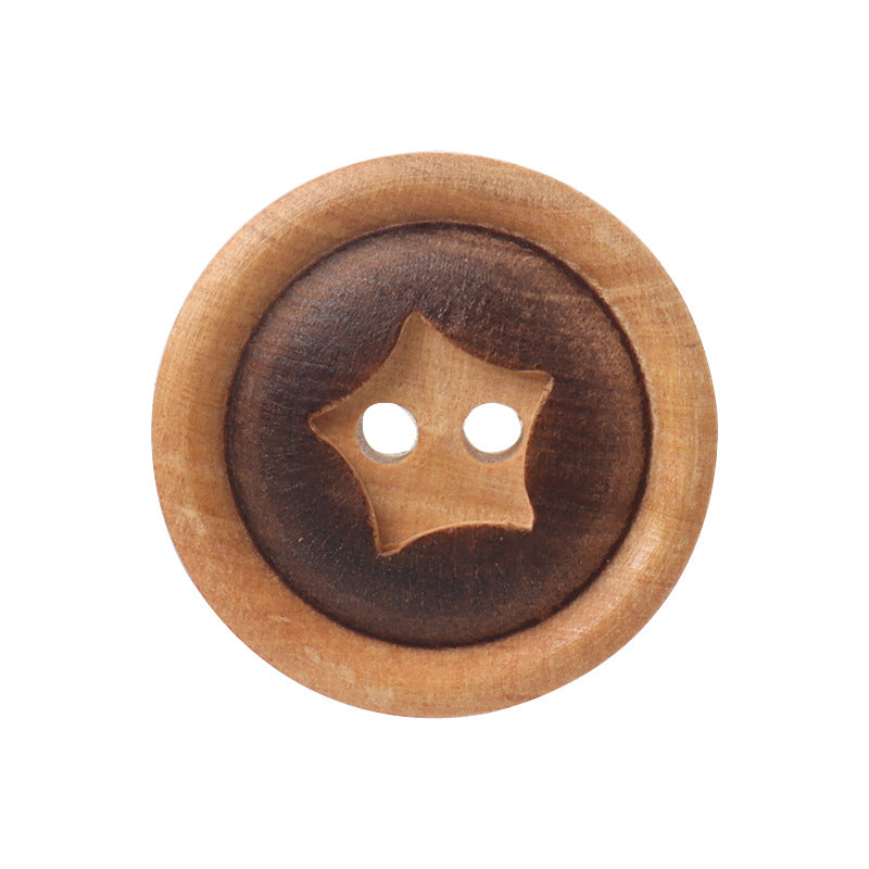 Round wood button with star cutout, two holes, fire-burned dark surface