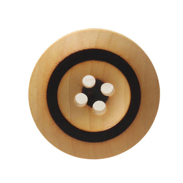 Round light wood button with black laser-burned ring and four holes