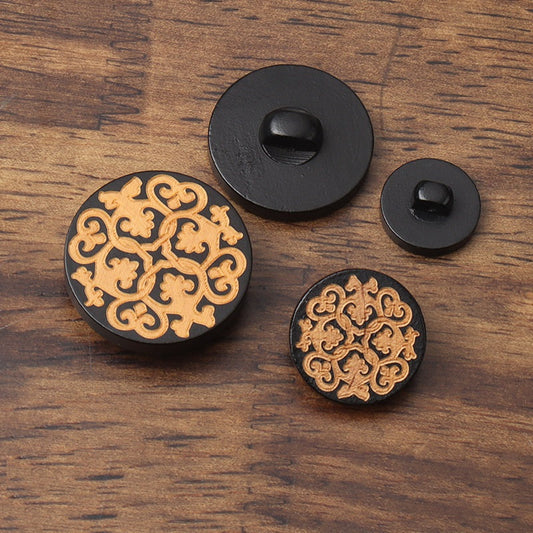 15-27.5mm Round Black Laser Engraved Patterned Flat Wood Shank Buttons