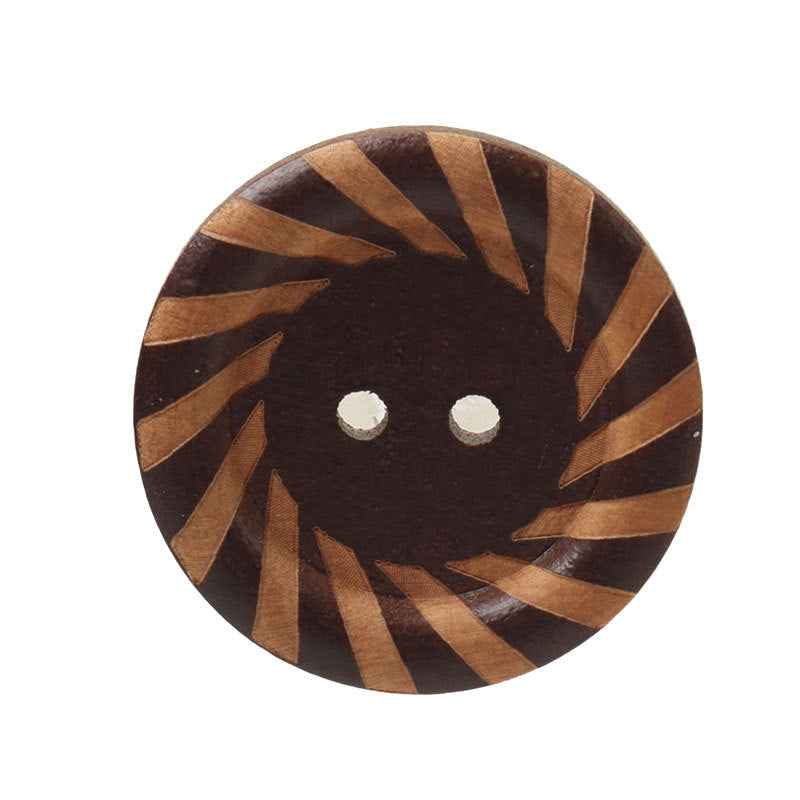 Brown round 2-hole wood button with laser-carved striped pattern, front view