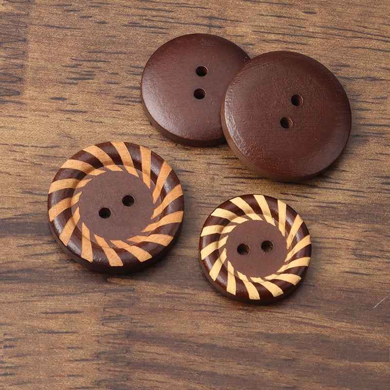Brown round 2-hole wood buttons: two striped fronts, two plain backs