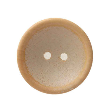 Two-hole bowl-shaped wood button, light tan with two stitching holes.