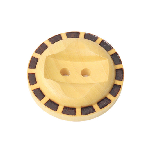 Round 2-hole poplar wood button, light wood with dark checkered rim