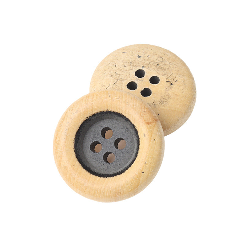 Vintage round 4-hole wooden buttons, painted distressed, light tan with dark centers
