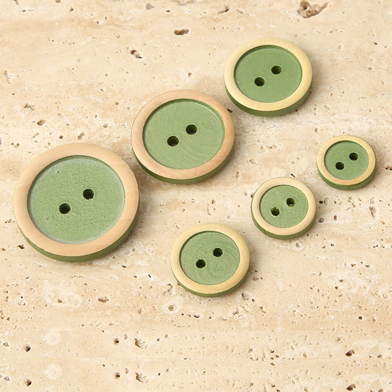 Round wood buttons, 2 holes, distressed natural with green paint, 11–25 mm