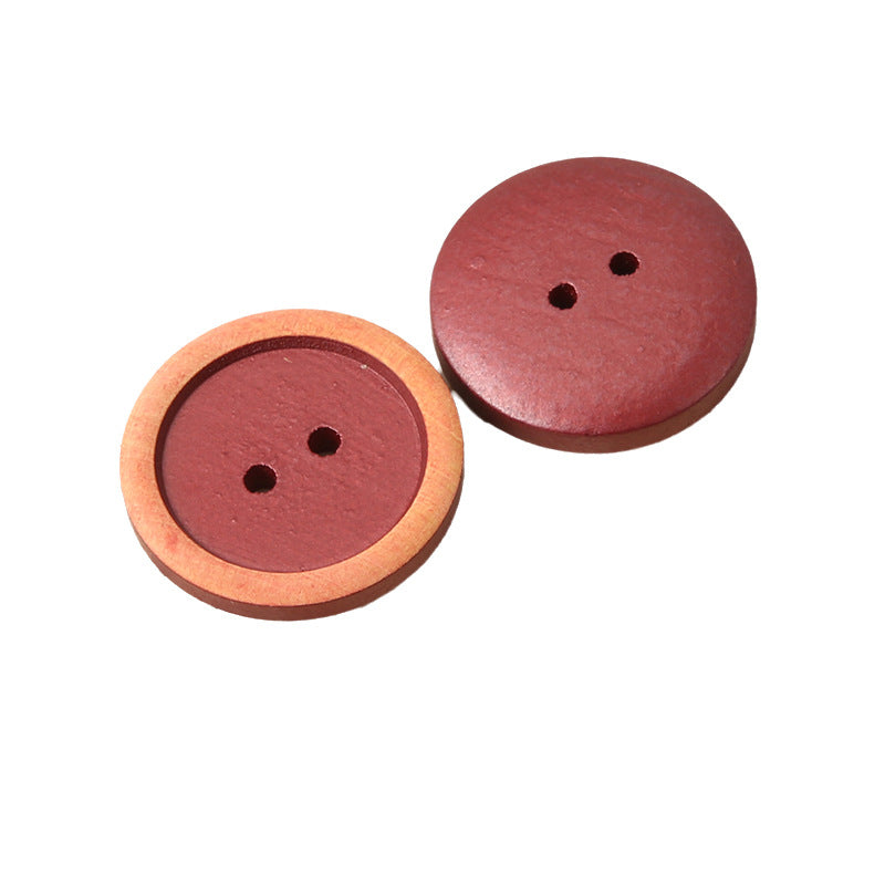 Round wood buttons, 2 holes, distressed natural with red paint, 11–25 mm (pair)