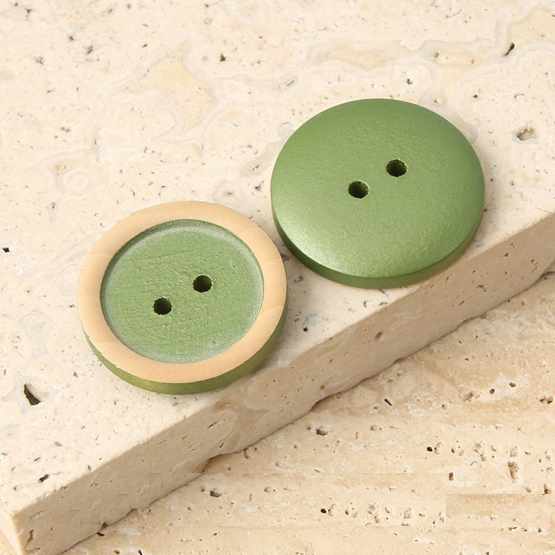 Round wood buttons, 2 holes, distressed natural with green paint, 11–25 mm (pair)