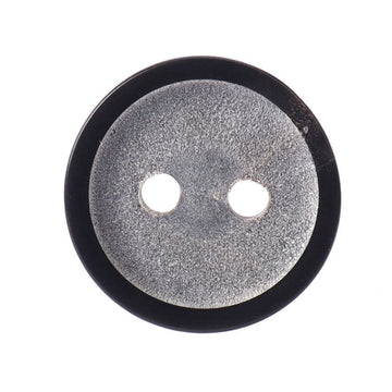 Round matte two-hole horn button, dark gray speckled face with black edge