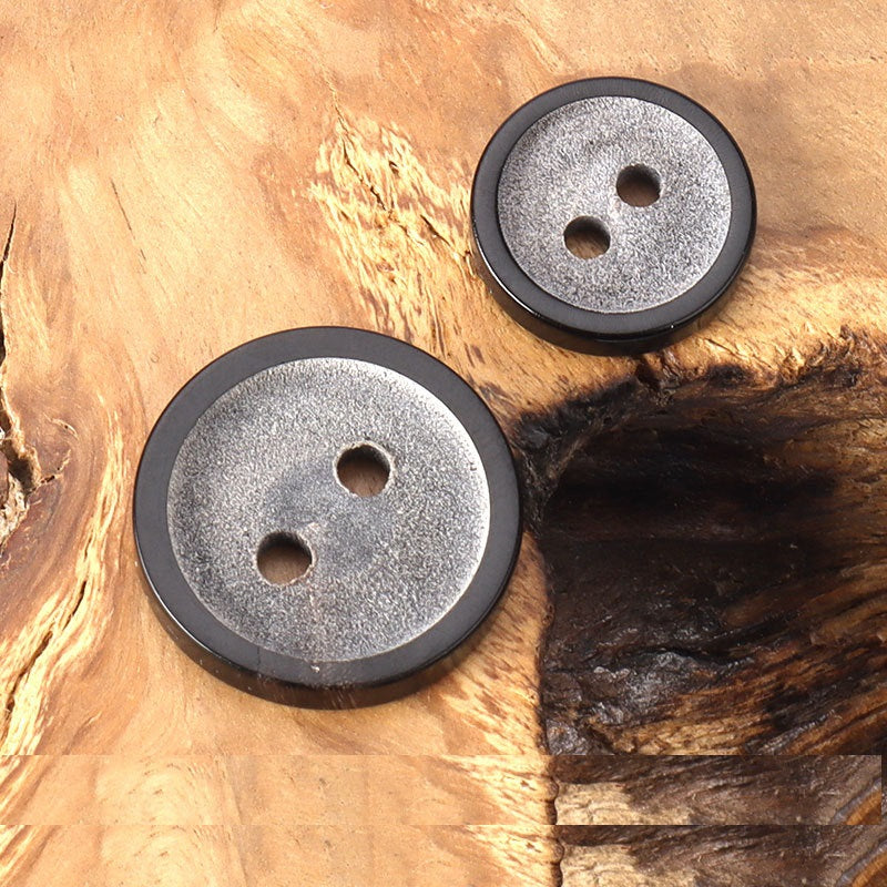 Two-hole matte horn buttons, gray speckled face with dark border