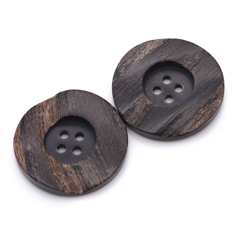 Round 4-hole dark horn-look button, 15–30 mm wide edge, for coats