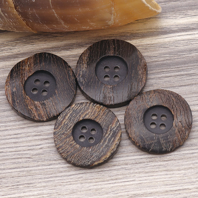 Set of round 4-hole dark horn-look buttons with leather-style rim for coats