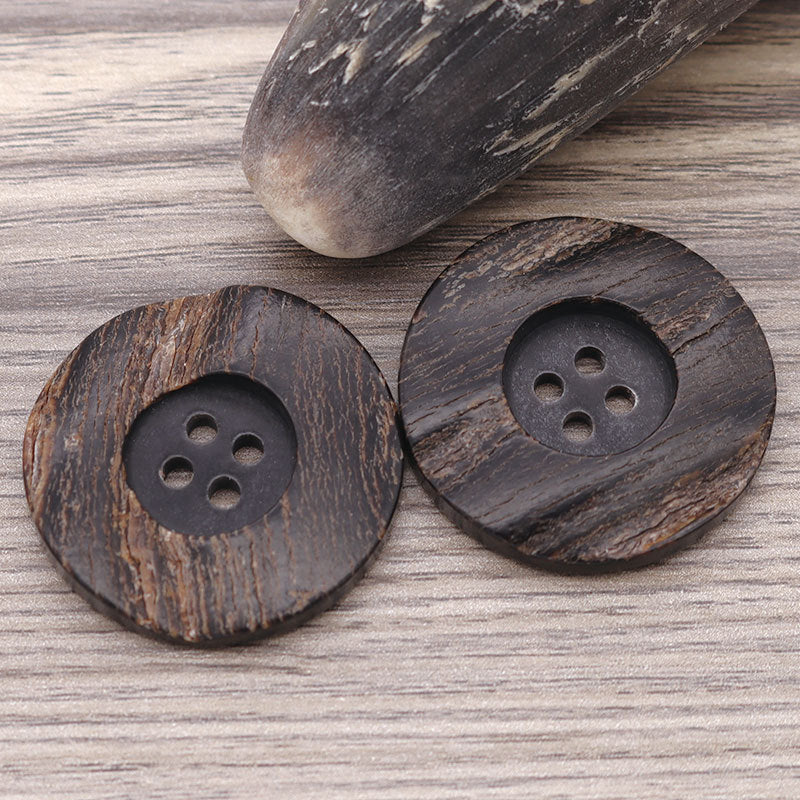 Round 4-hole horn-look buttons, dark brown-black color, wide edge