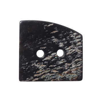 Irregular square button, dark black with speckled natural horn, two holes