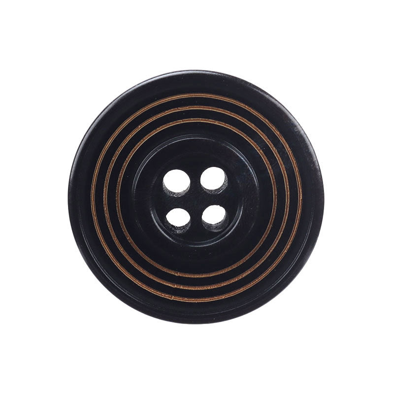 Runde Hornknöpfe mit Laserkreis, 4 Löchern, schwarz mit goldenen Linien, 15–23 mm