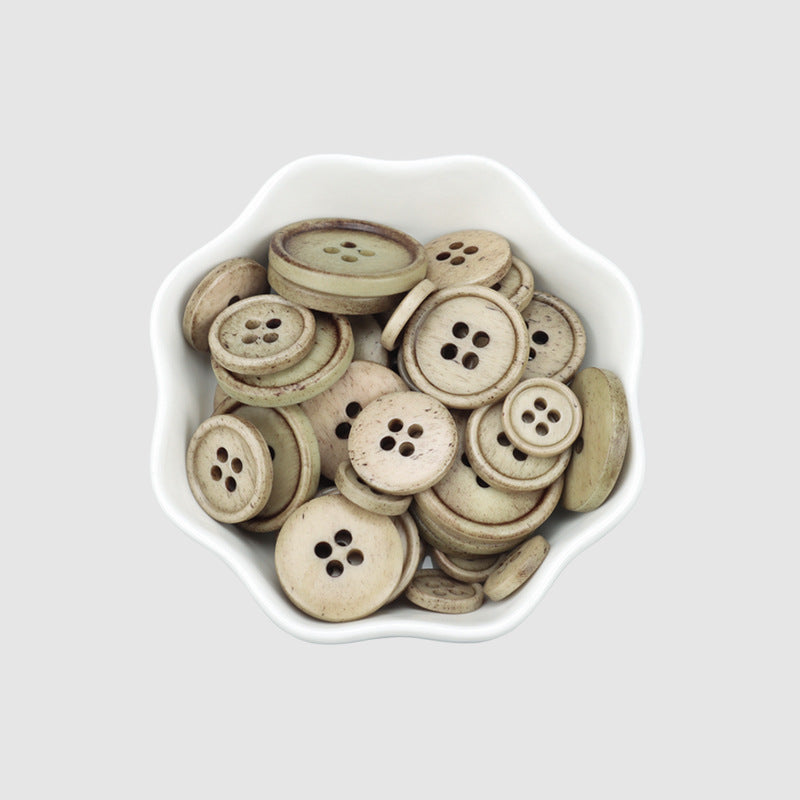Khaki 4-hole buttons in a tray, vintage natural bone style, 11.5–23mm