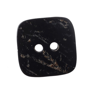 Square 2-hole horn button, dark with tan marbled streaks