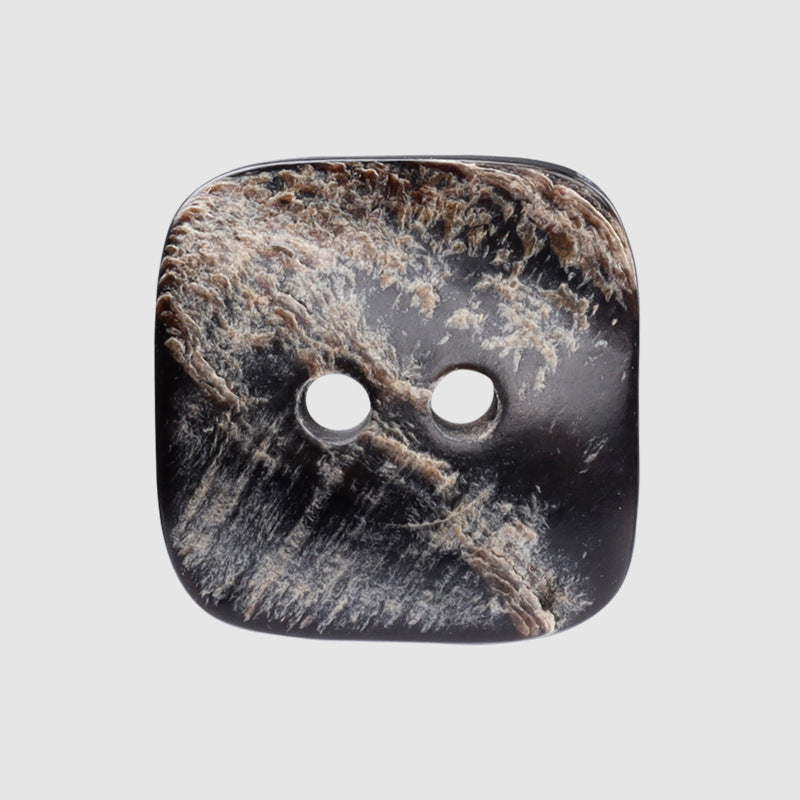 Square 2-hole horn button, dark brown/gray natural marbling