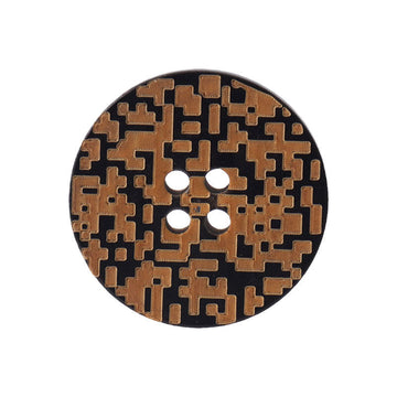 15–25mm round horn button, 4-hole design, dark brown with tan geometric pattern