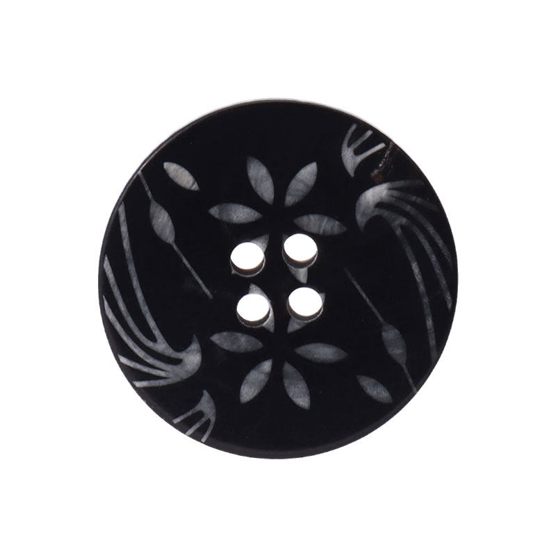 Round black horn button, 4-hole design with white floral leaf pattern