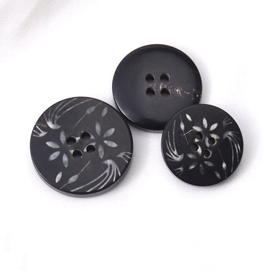 15 - 25mm Round 4 Hole Black Horn Buttons with White Flower Patterns 10pcs