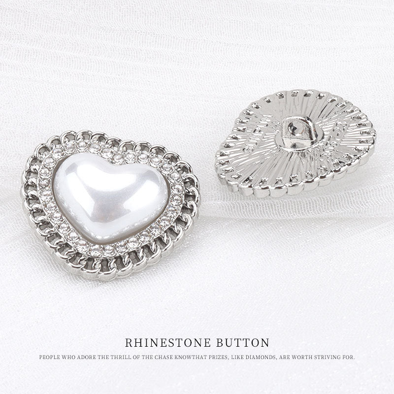 Heart rhinestone pearl button—front heart face and reverse metal mount disc