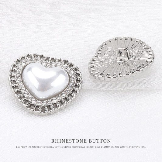 23mm Silver Heart-Shaped Pearl Metal Rhinestone Jackets Button 6pcs