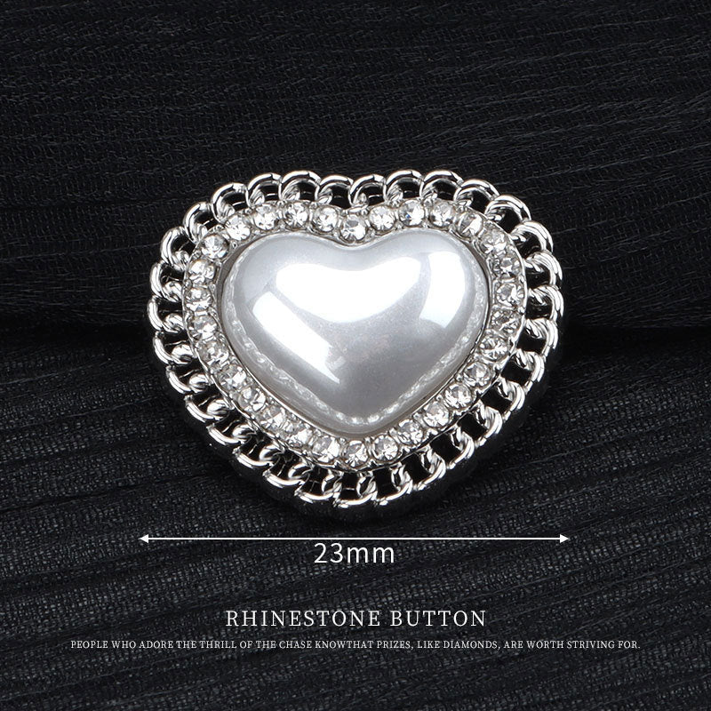 Heart-shaped pearl rhinestone button, silver, 23mm size shown