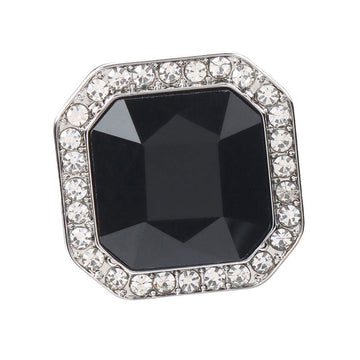Square rhinestone shank button with dark black crystal center and silver-tone border