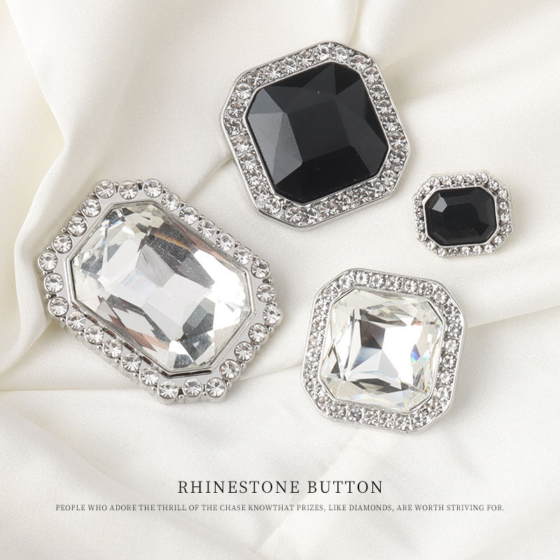Set of square rhinestone shank buttons with black and clear crystals, silver-tone frames