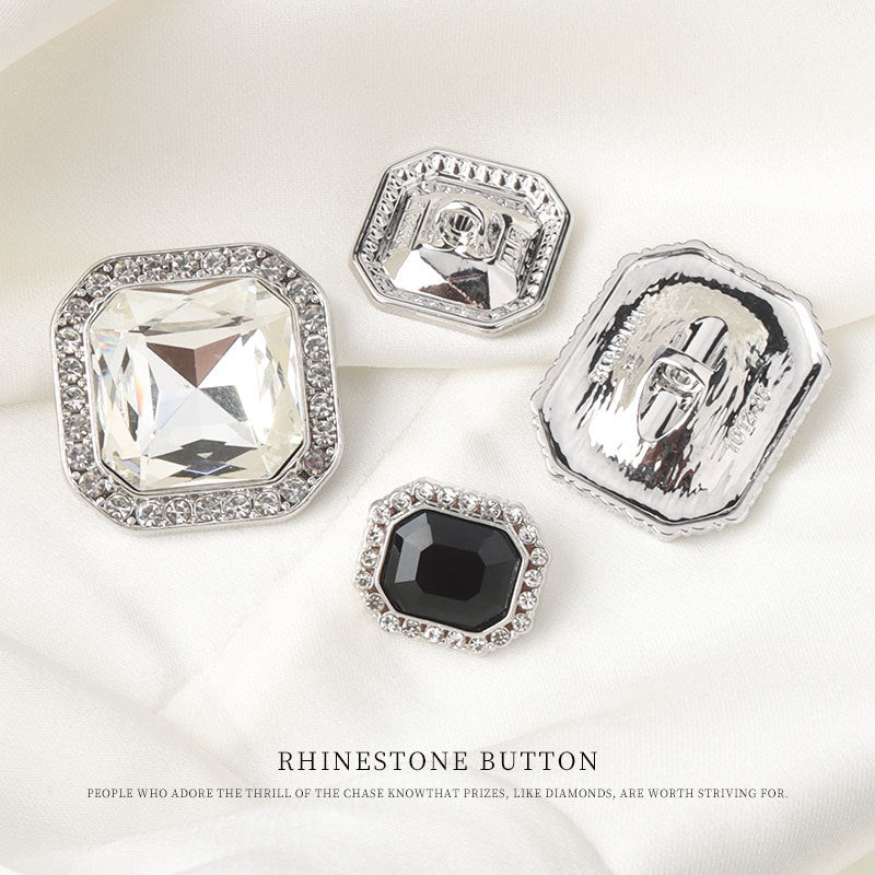Square rhinestone shank buttons with clear and black crystal centers, silver-tone settings